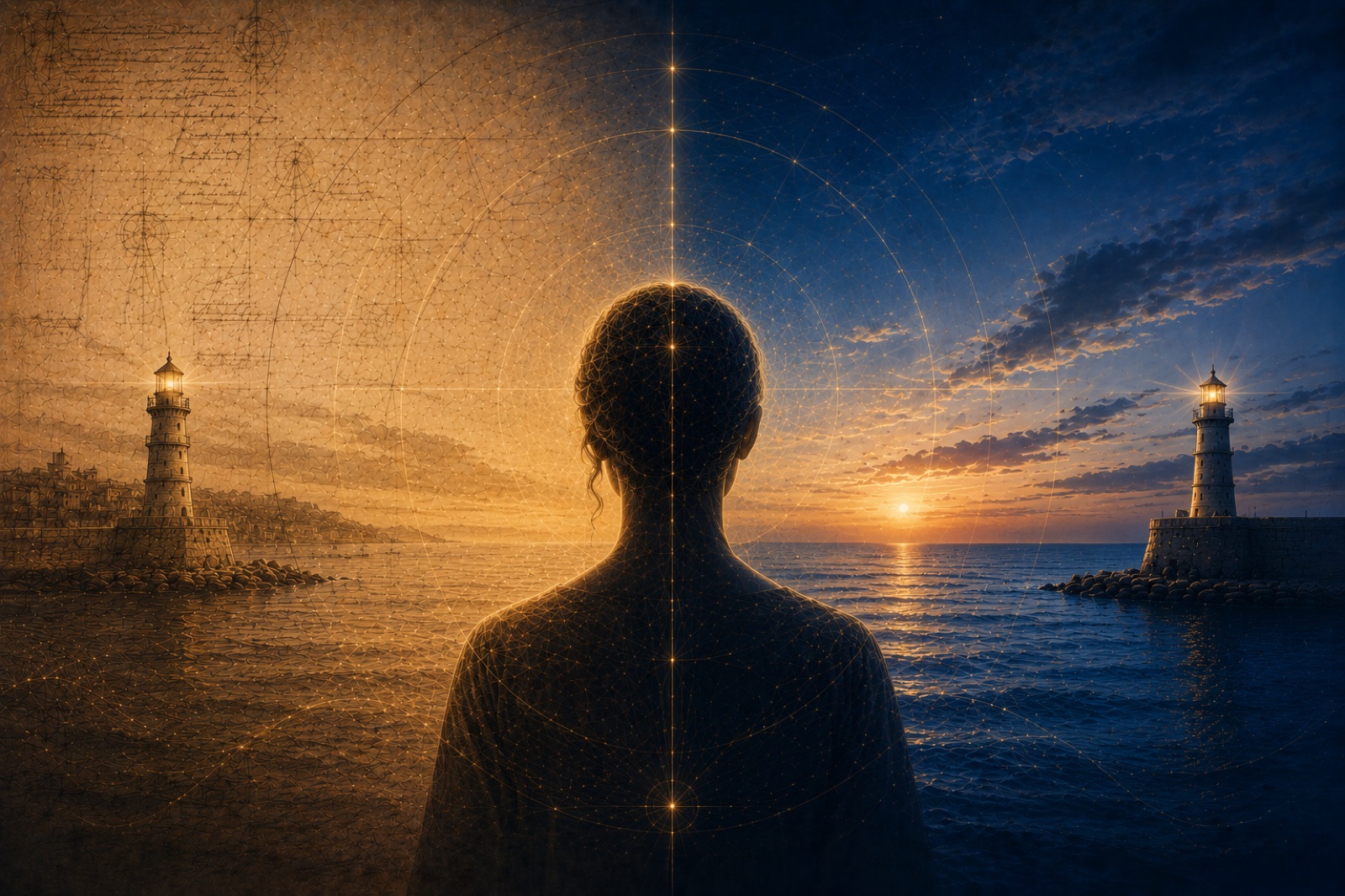 Illustrative artwork of a person between contrasting harbour scenes and lighthouses