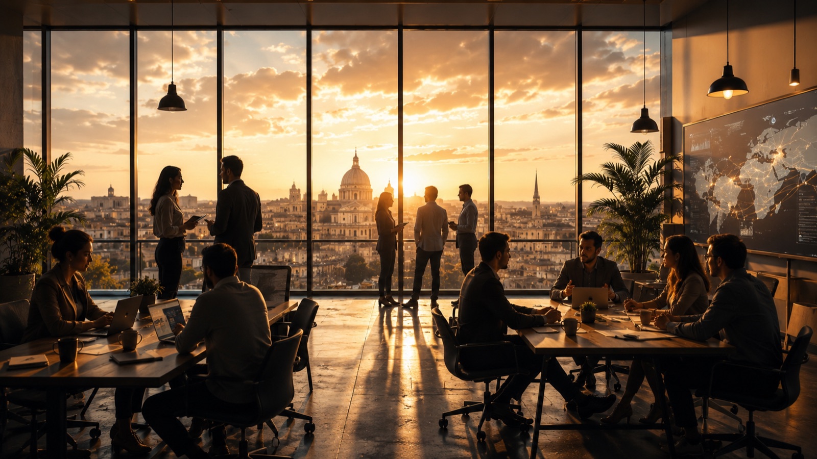 Illustrative artwork of colleagues in an office setting discussing work